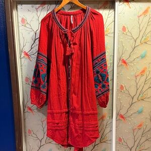 Free People Bohemian Red Tunic Dress with Embroidered Sleeves